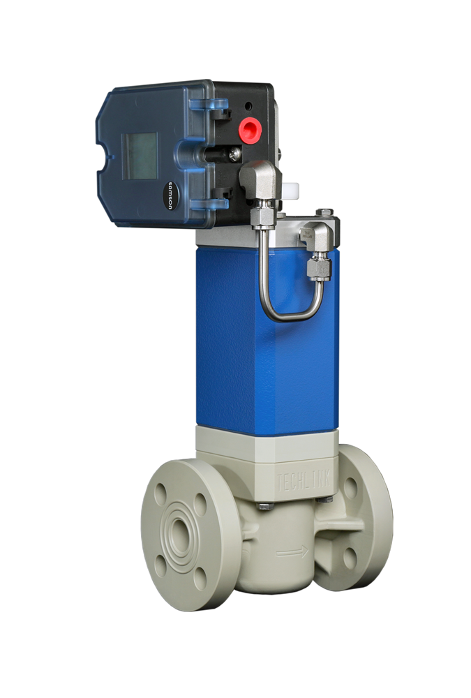 Non-metallic polymer globe type control valve Series CT from Techlink, high precision, reliable, resistant to corrosion, more resistant to errosion than metallic valves. The best choice of control valve for highly corrosive fluids